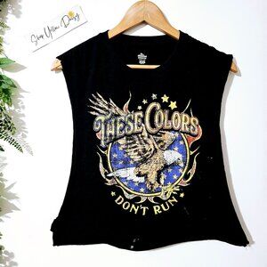Patriotic Sleeveless Crop Top "These Colors Dont Run" Eagle Print Black L~SS49.3